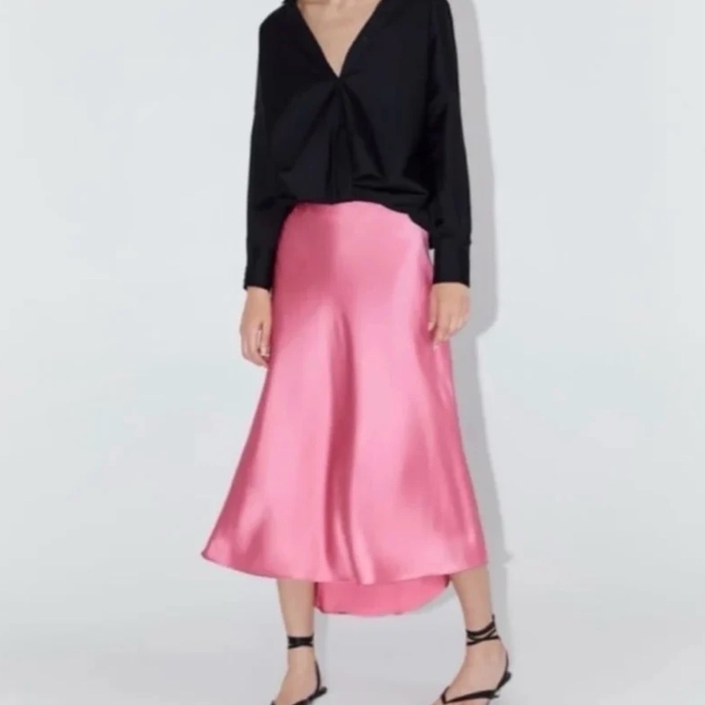 Zara Pink Silk Satin Midi Skirt Size S